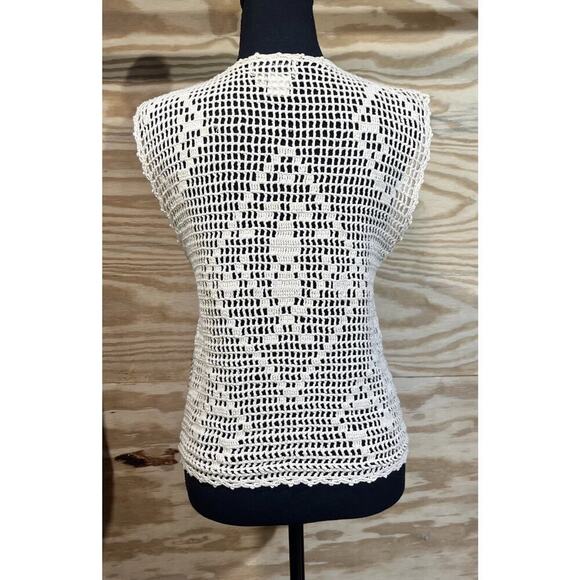 Vtg Ann Tjian For Kenar Open Knit Crochet Vest Medium Petite Boho Festival - Picture 2 of 11
